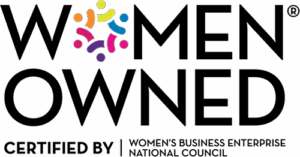 Logo with the words "WOMEN OWNED" and colorful abstract figures; text below reads "Certified by Women's Business Enterprise National Council.