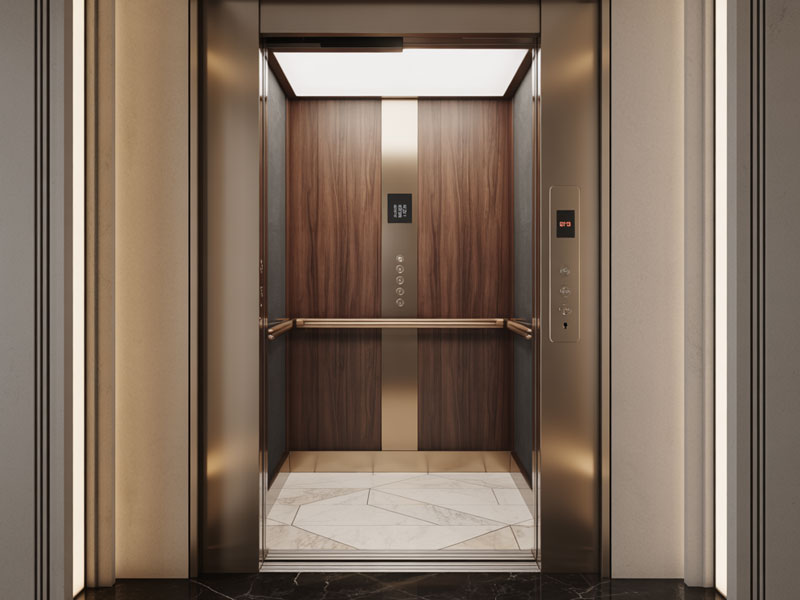 Open elevator with wood-paneled interior, metallic accents, illuminated ceiling, control panel on the wall, and tiled floor.