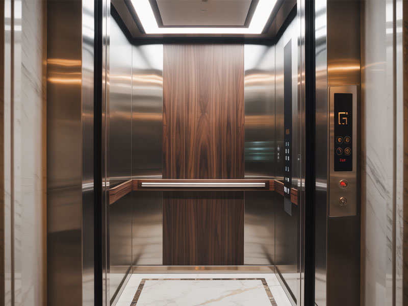 Modern elevator interior with wood paneling, metal handrails, marble floor, and control panel on the right side; lights recessed in the ceiling.