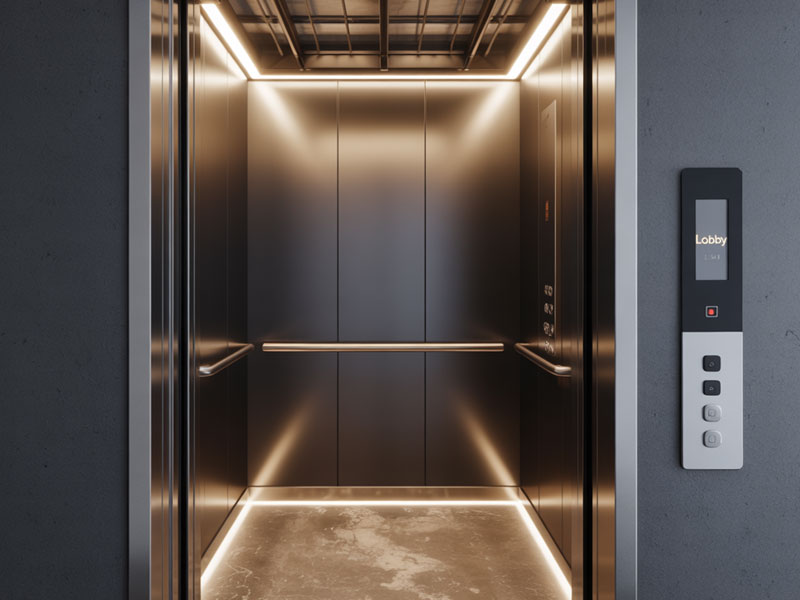 A modern, empty elevator with metallic walls, illuminated by built-in LED lighting, doors open, and control panel showing the lobby floor.