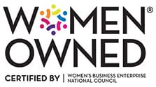 Logo stating "Women Owned" with colorful circular design, and text below: "Certified by Women's Business Enterprise National Council.