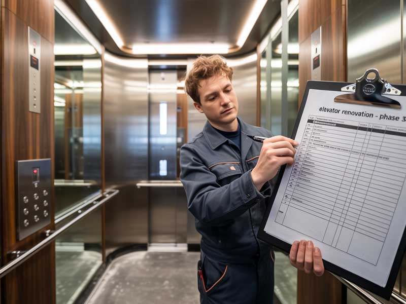 A technician in uniform marks a checklist labeled "elevator renovation - phase 3" while standing inside a modern elevator.