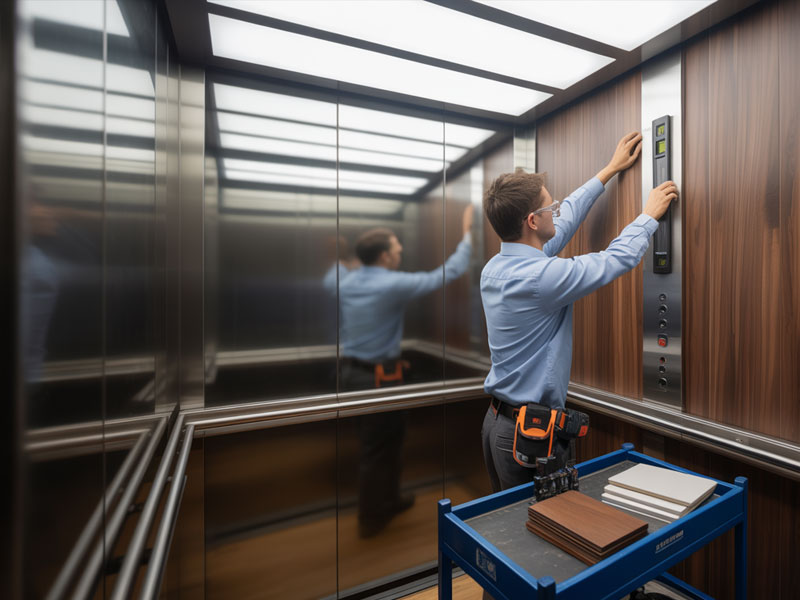 A technician in a blue shirt repairs the control panel inside a modern elevator with wood-paneled walls, using tools from a cart.